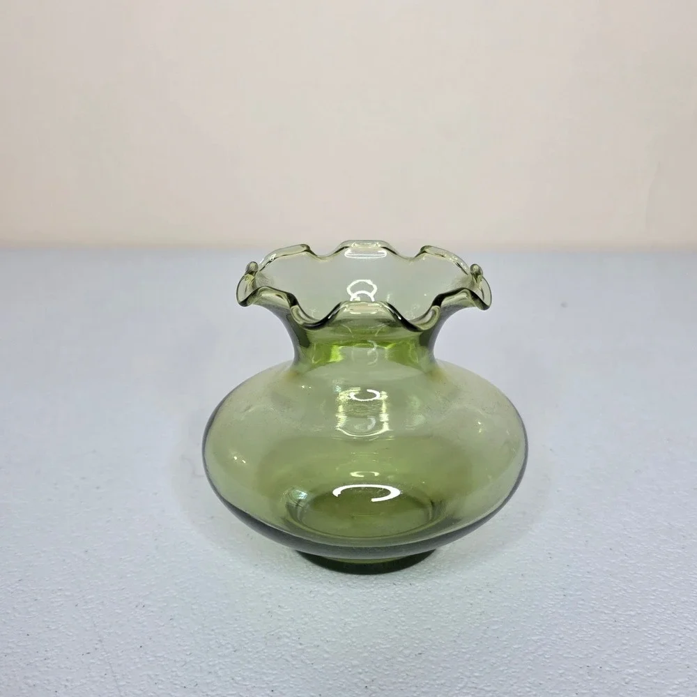 Vintage MCM Glass Bud Vase Small Green Ruffled Rim Hand Blown Home Decor